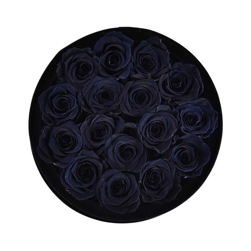 16 Black Roses - Black Round Velvet Box - Rose Forever