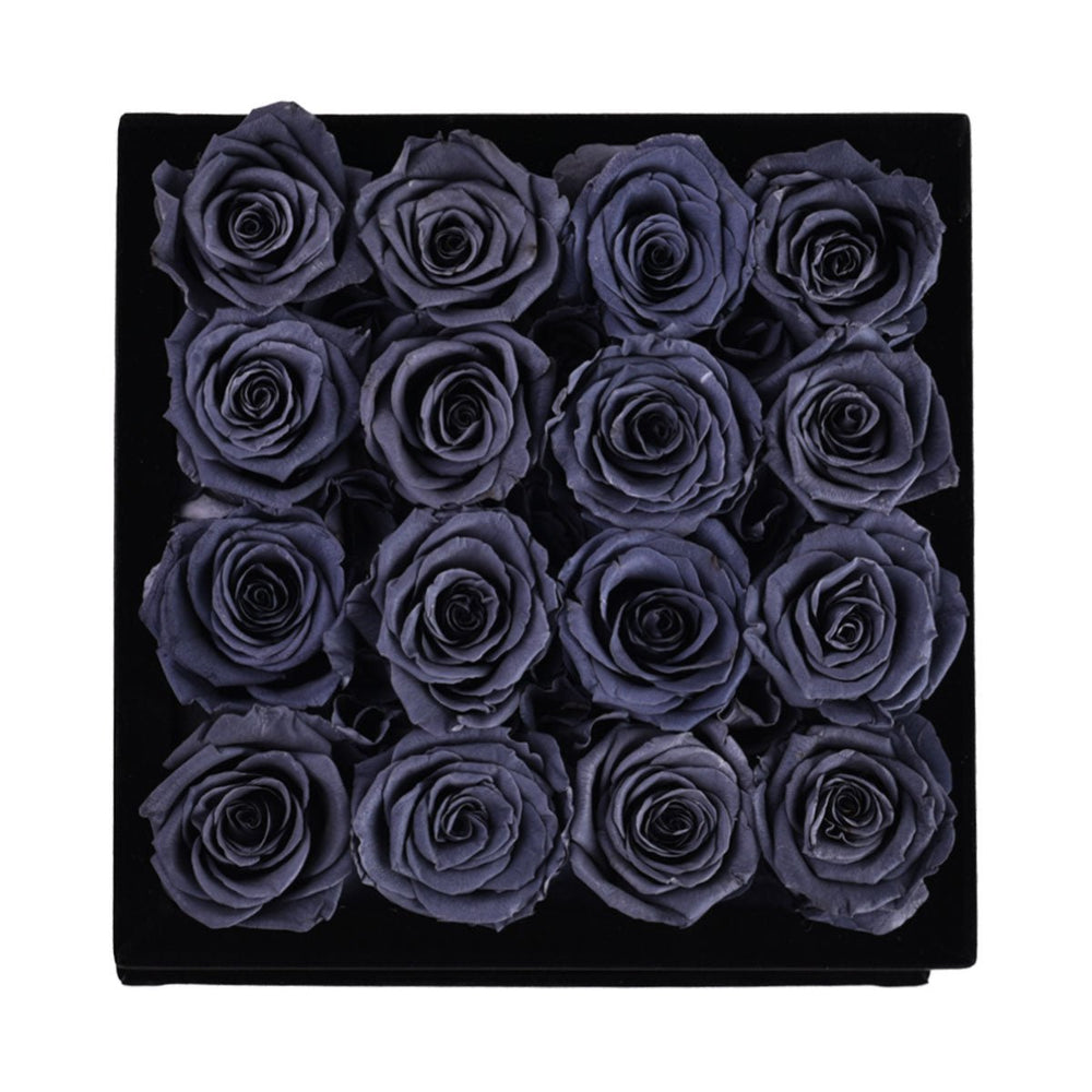 16 Grey Roses - Black Square Velvet Box - Rose Forever