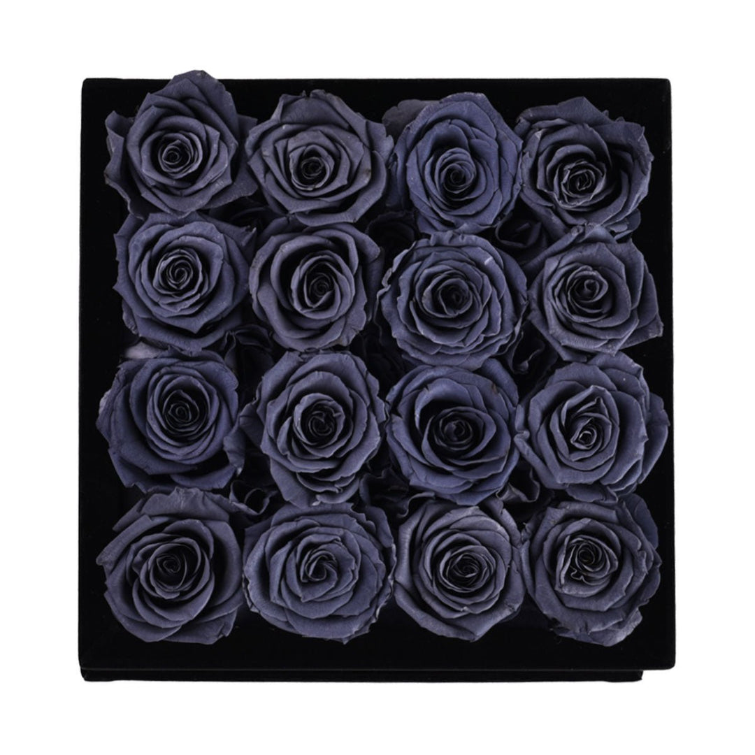 16 Grey Roses - Black Square Velvet Box - Rose Forever