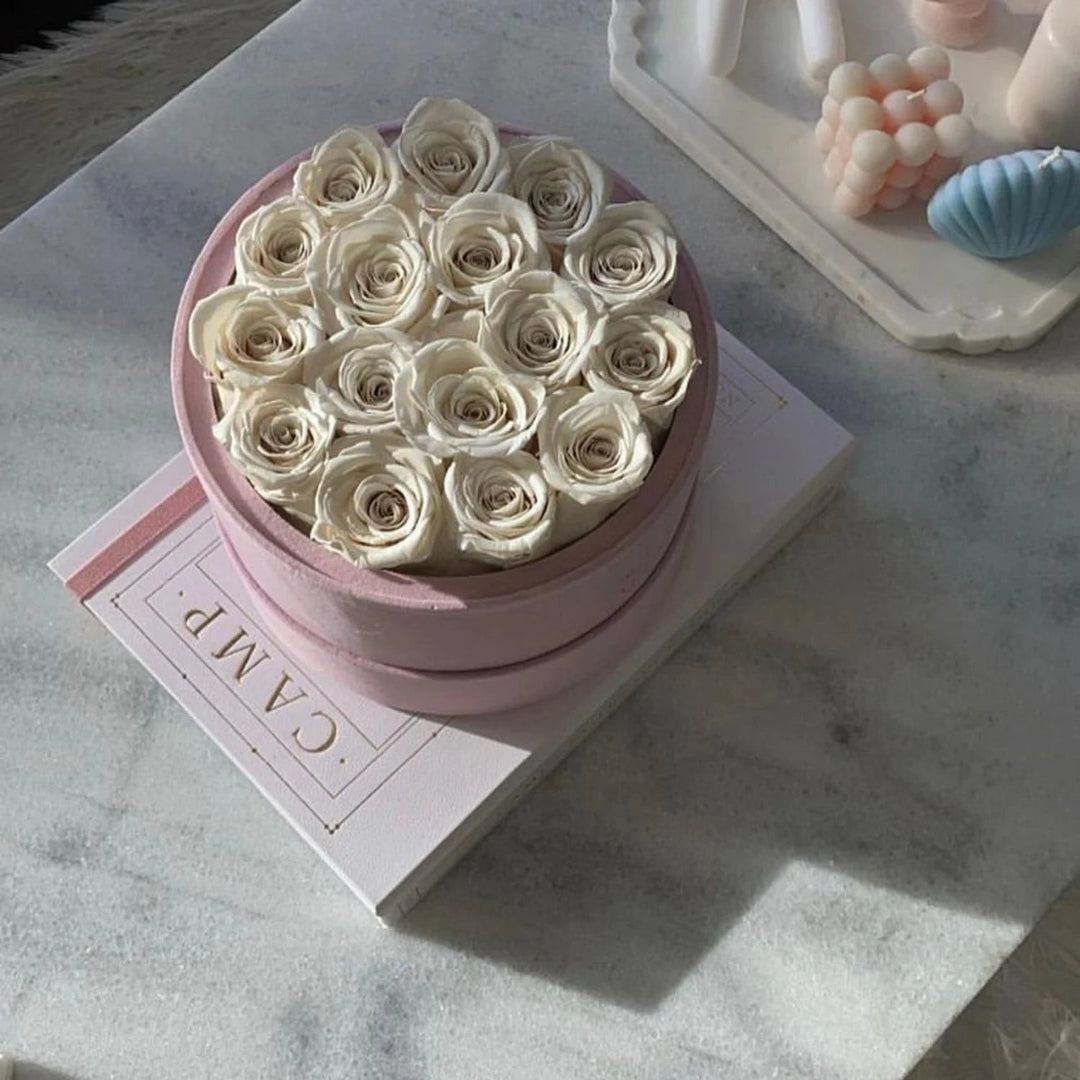 16 Ivory Roses - Pink Round Suede Box - Rose Forever