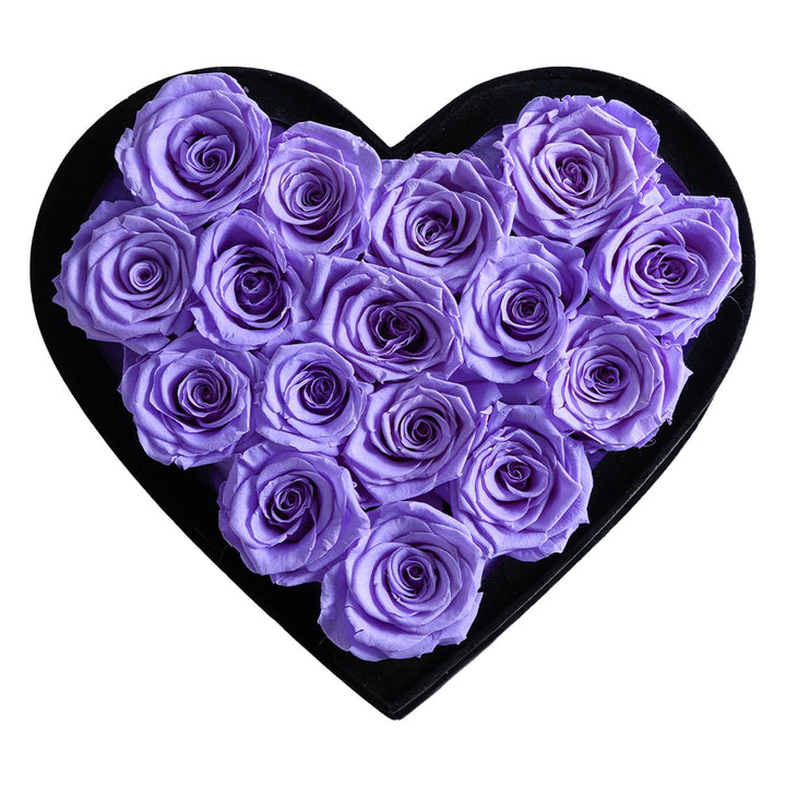 16 Lavender Roses - Black Heart Box - Rose Forever
