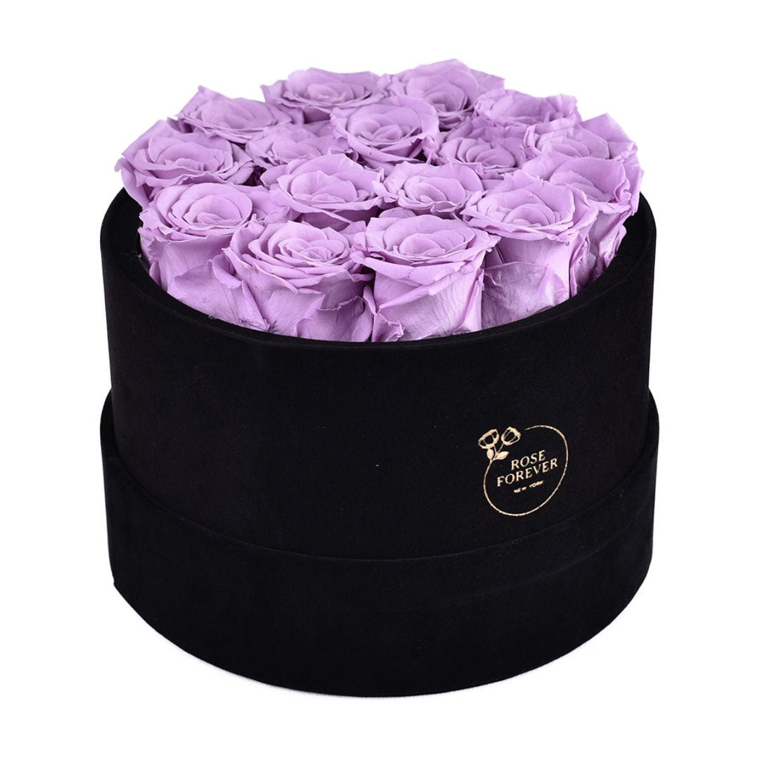 16 Lilac Roses - Black Round Velvet Box - Rose Forever