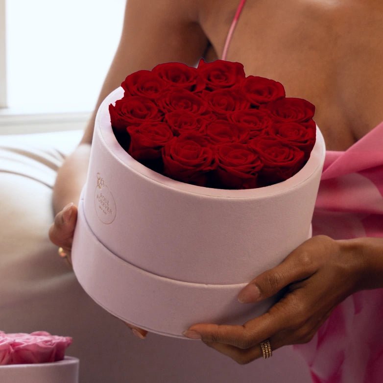 16 Red Roses - Pink Round Suede Box - Rose Forever