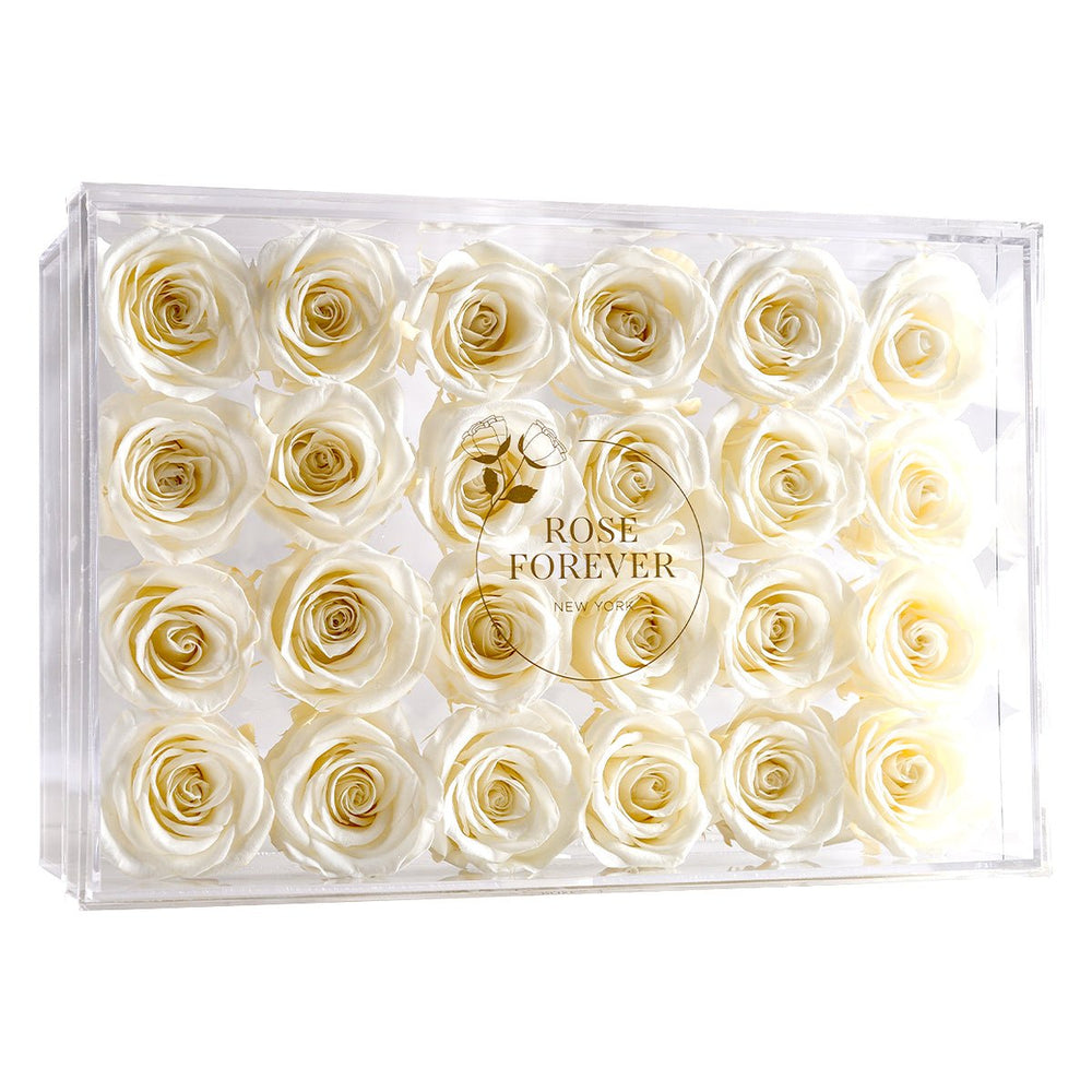 24 Ivory Roses - Rectangular Crystal Box - Rose Forever