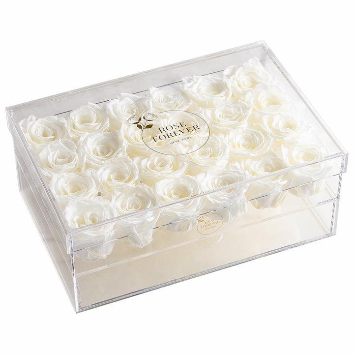 24 White Roses - Rectangular Crystal Box - Rose Forever