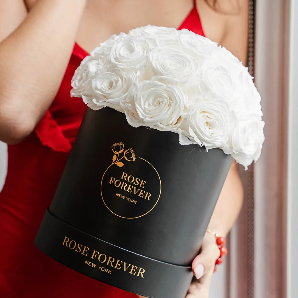 35 White Roses - Dome Arrangement in a Black Hat Box