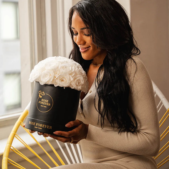 35 White Roses - Dome Arrangement in a Black Hat Box