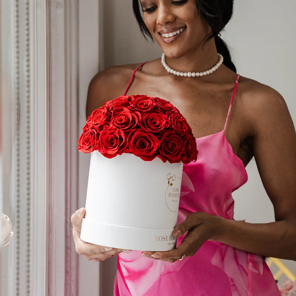 35 Red Roses - Dome Arrangement in a White Hat Box