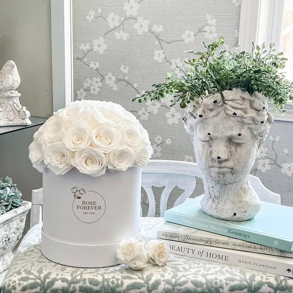 35 White Roses - Dome Arrangement in a White Hat Box