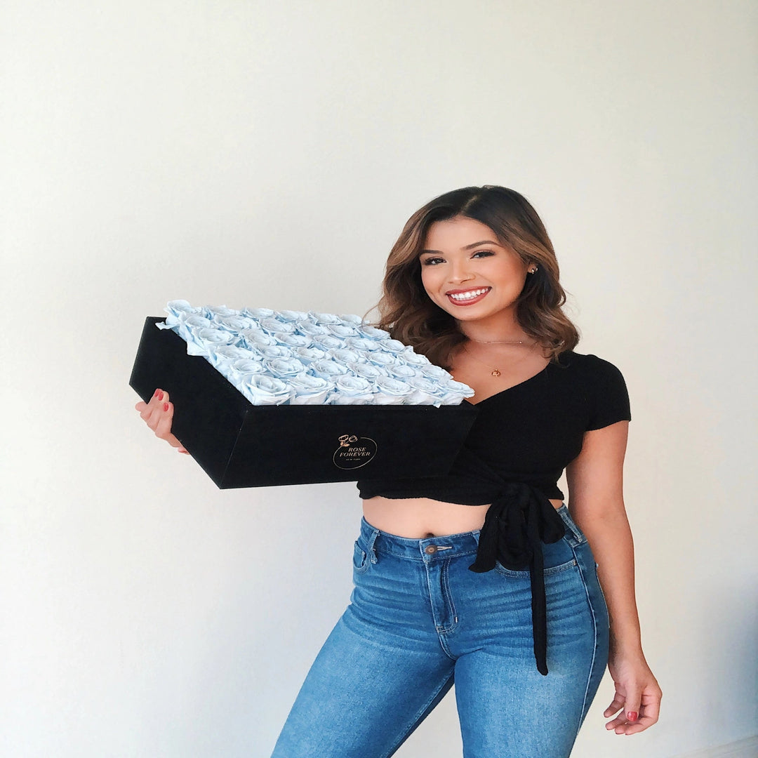 36 Baby Blue Roses - Black Square Velvet Box - Rose Forever
