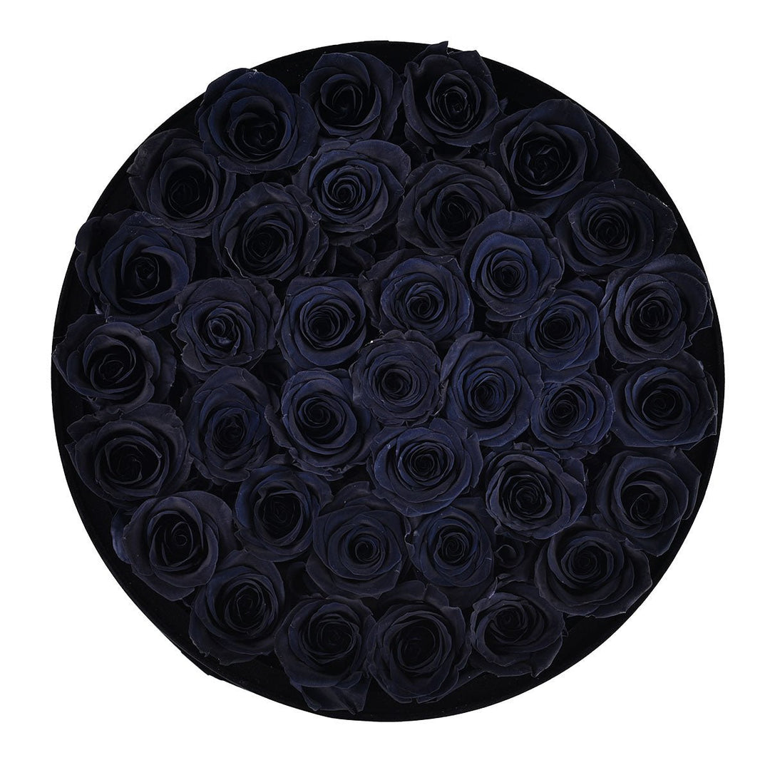 36 Black Roses - Black Round Velvet Box - Rose Forever
