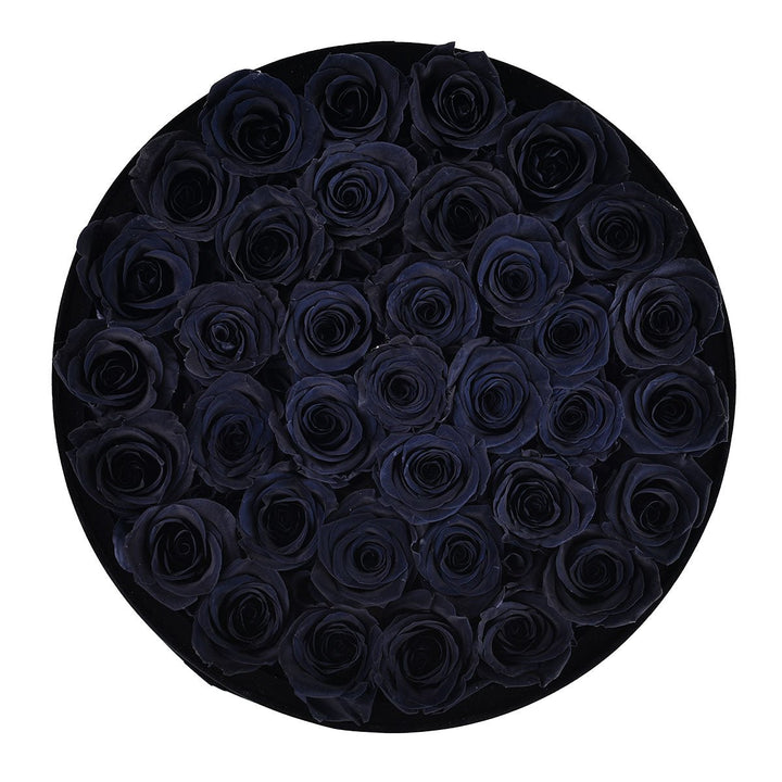 36 Black Roses - Black Round Velvet Box - Rose Forever