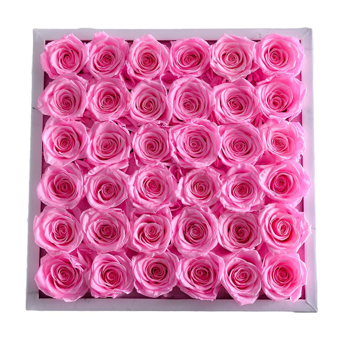 36 Fuchsia Roses - White Marble Square Box - Rose Forever