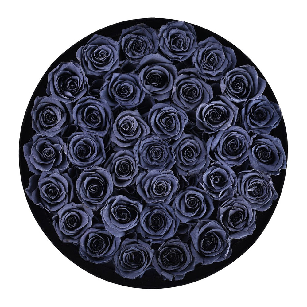 36 Grey Roses - Black Round Velvet Box - Rose Forever