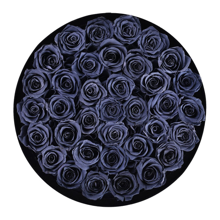 36 Grey Roses - Black Round Velvet Box - Rose Forever