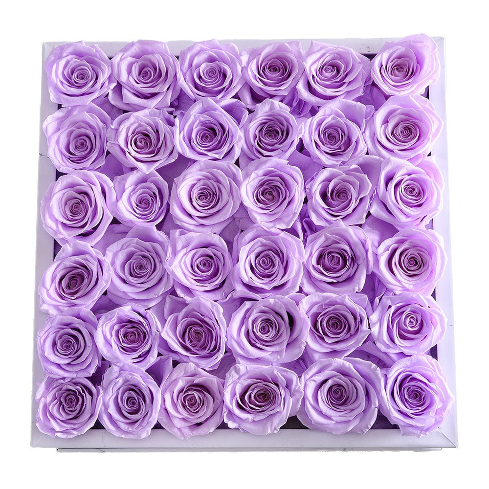 36 Lilac Roses - White Marble Square Box - Rose Forever
