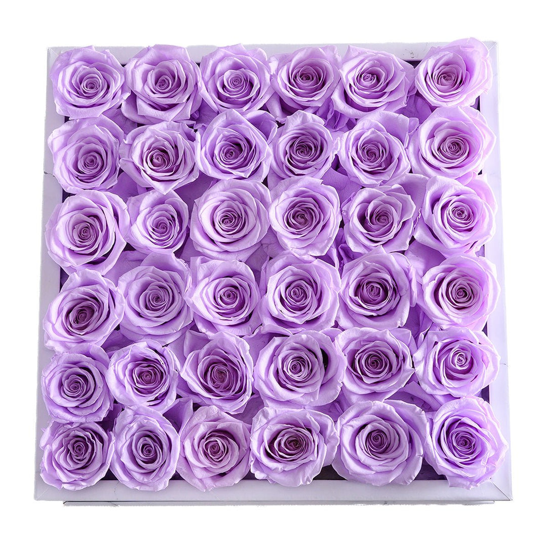 36 Lilac Roses - White Marble Square Box - Rose Forever