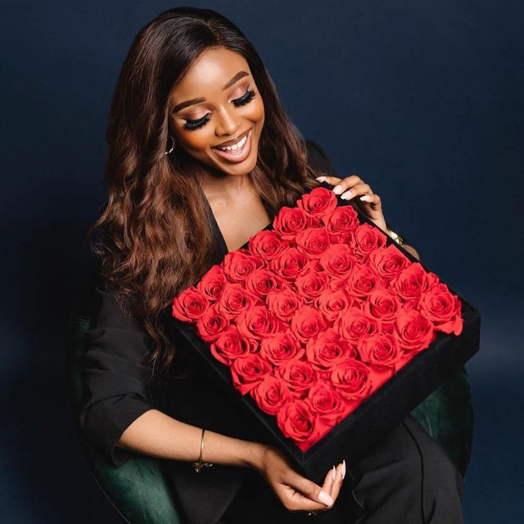 36 Red Roses - Black Square Velvet Box - Rose Forever