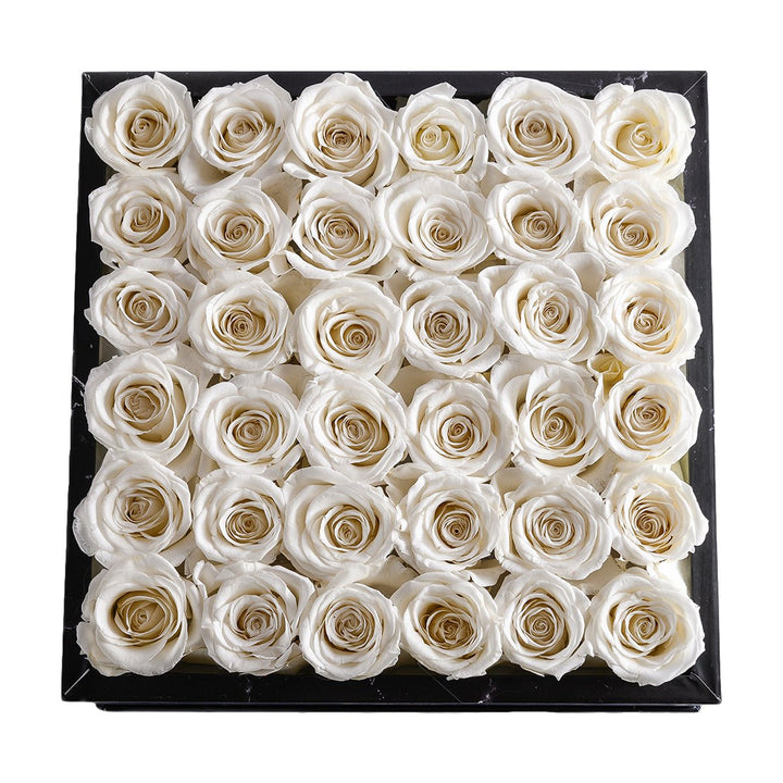 36 White Roses - Black Square Marble Box - Rose Forever
