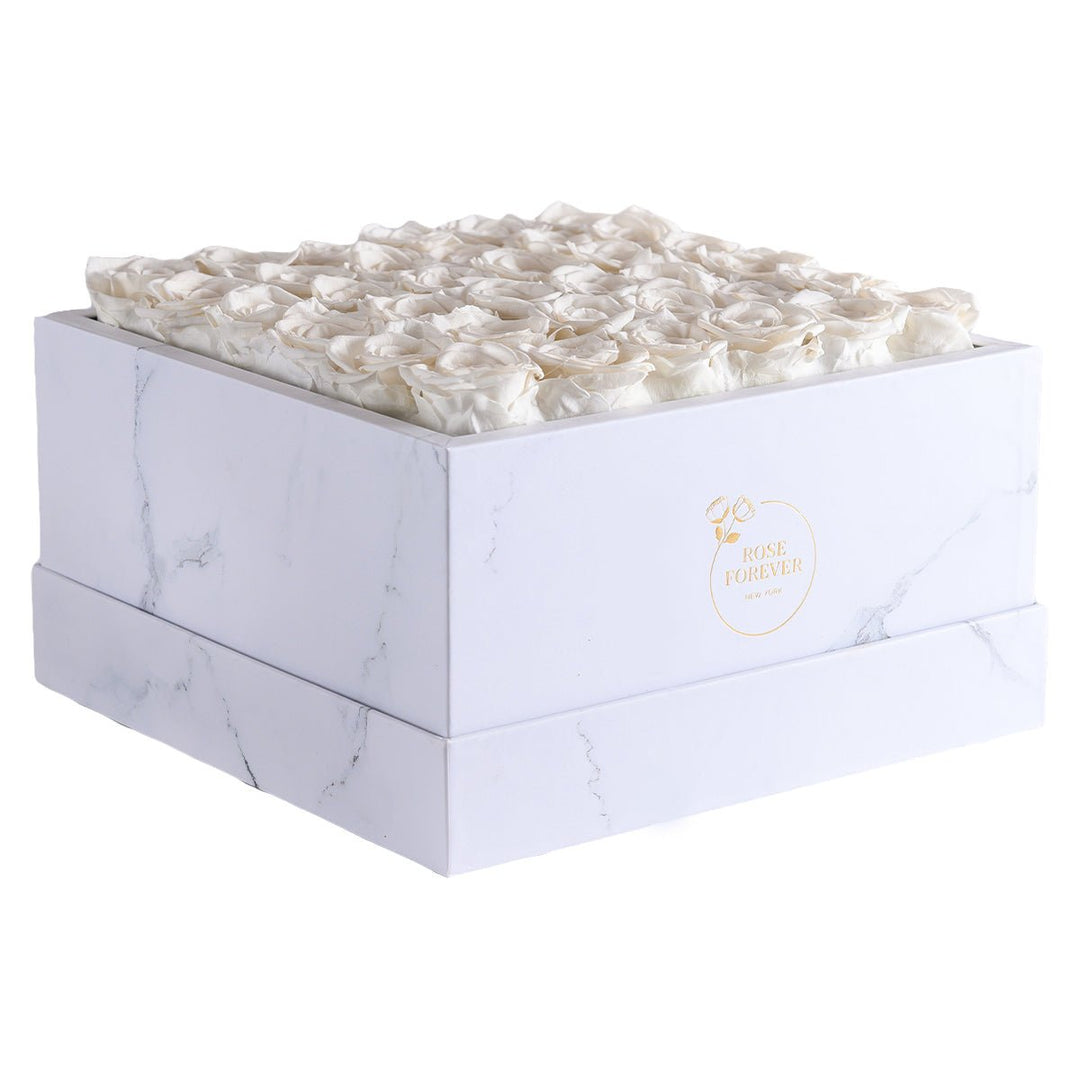 36 White Roses - White Marble Square Box - Rose Forever