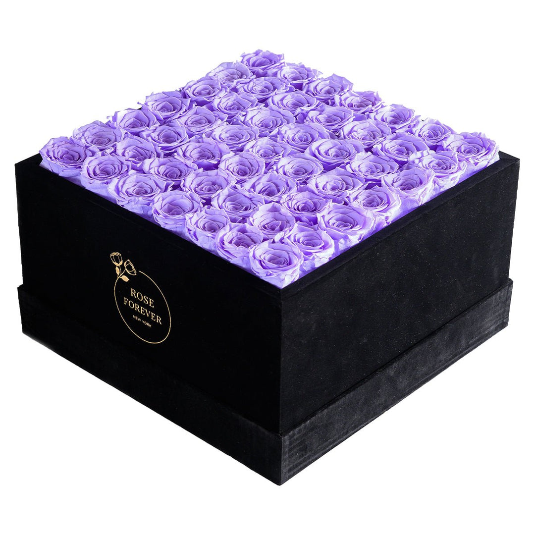 49 Lavender Roses - Black Square Velvet Box - Rose Forever