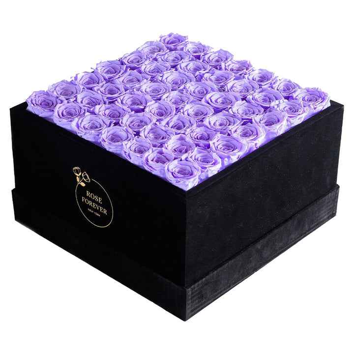 49 Lavender Roses - Black Square Velvet Box - Rose Forever