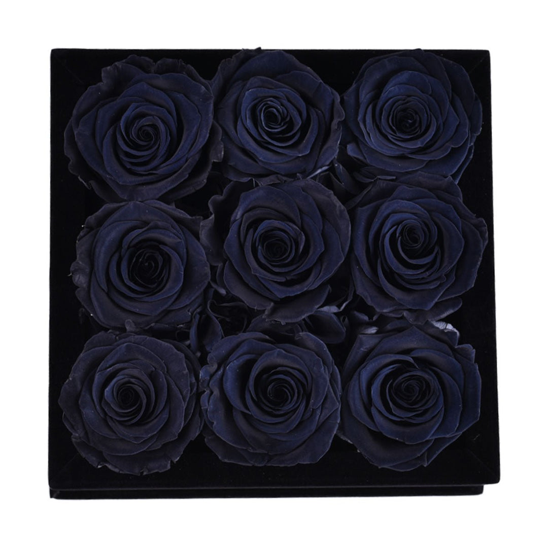 9 Black Roses - Black Square Velvet Box - Rose Forever