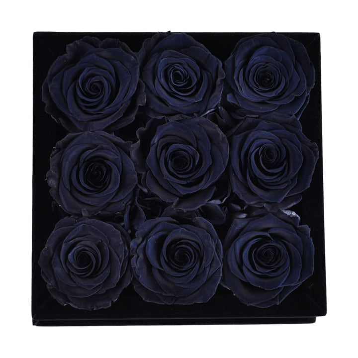 9 Black Roses - Black Square Velvet Box - Rose Forever