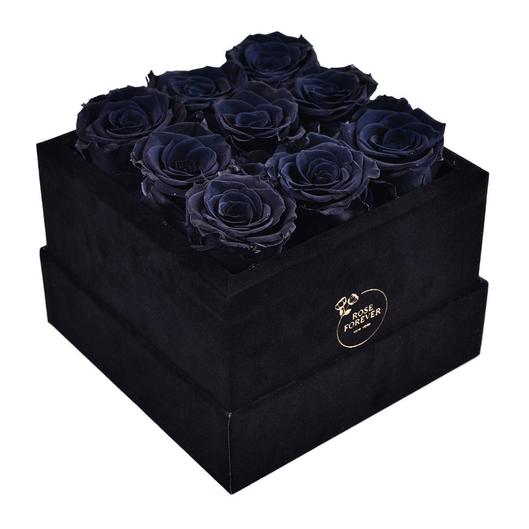 9 Black Roses - Black Square Velvet Box - Rose Forever