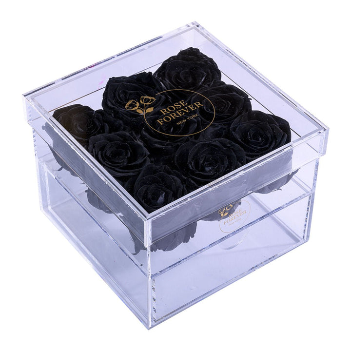 9 Black Roses - Square Crystal Box - Rose Forever