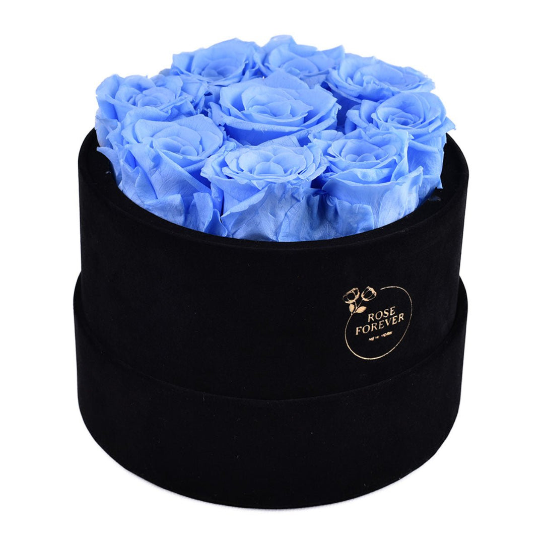 9 Blue Roses - Black Round Velvet Box - Rose Forever