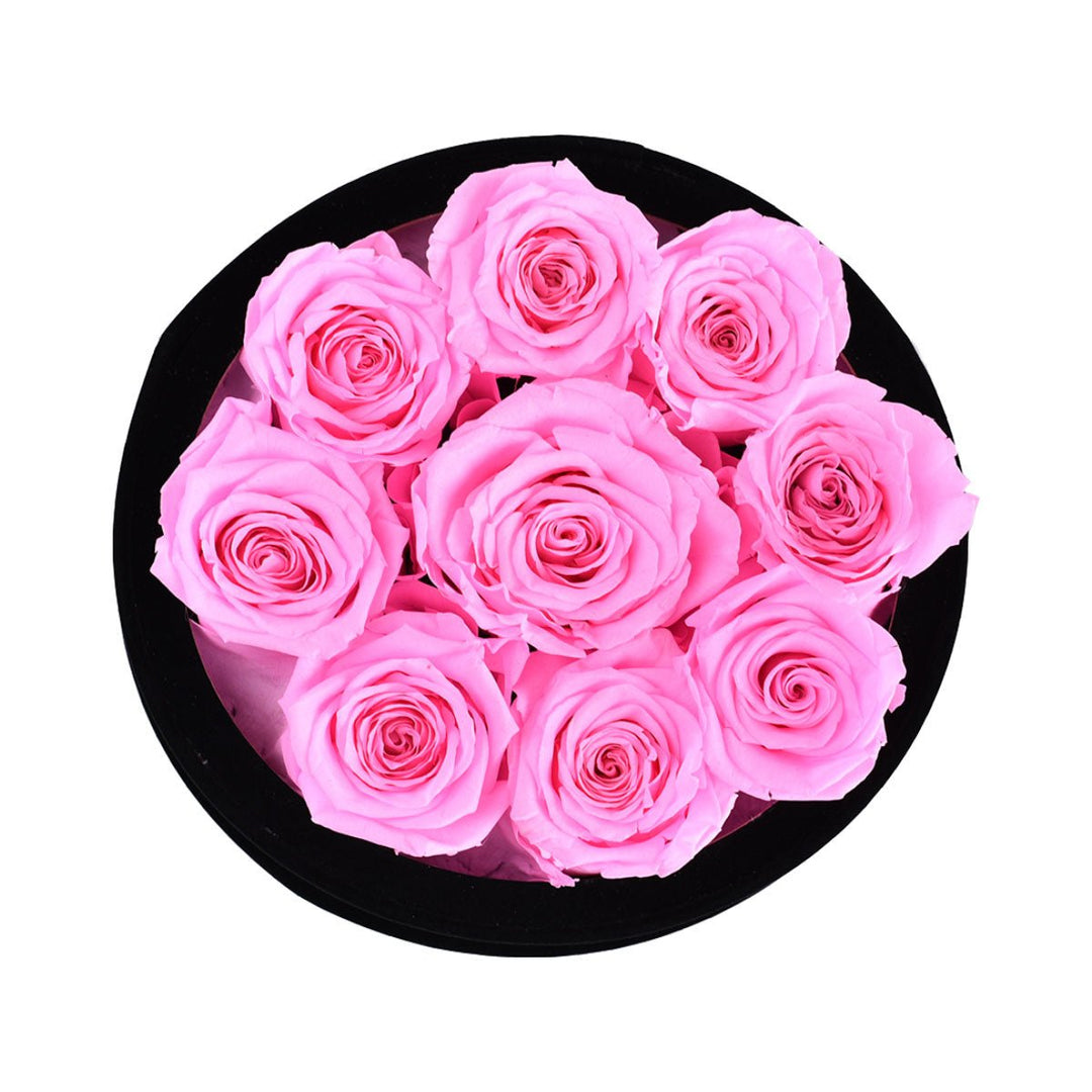 9 Fuchsia Roses - Black Round Velvet Box - Rose Forever