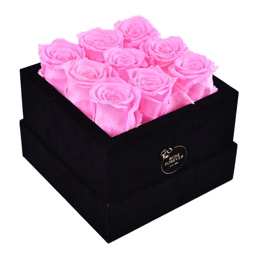 9 Fuchsia Roses - Black Square Velvet Box - Rose Forever