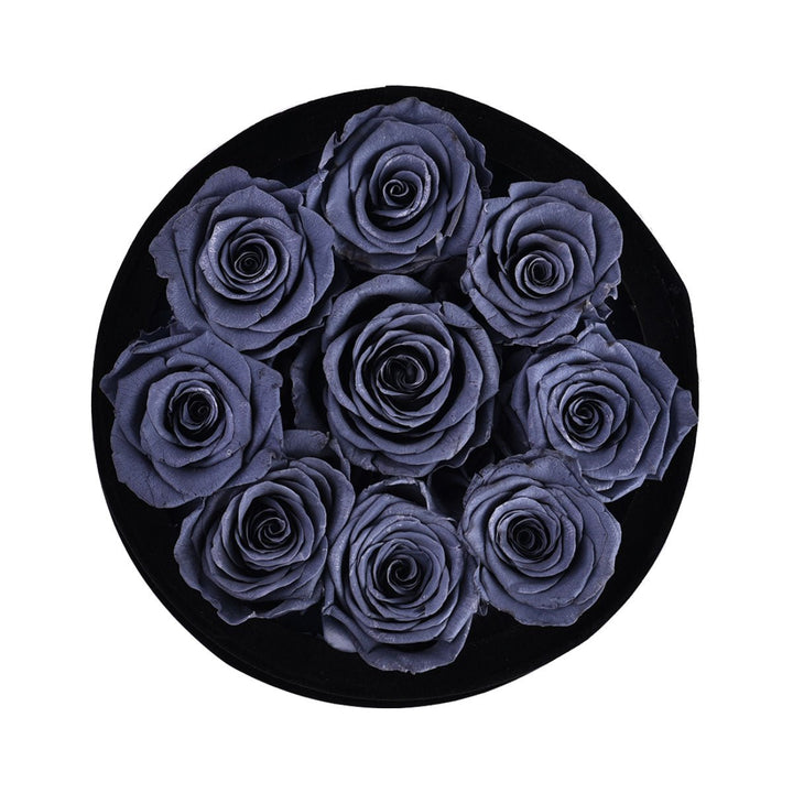 9 Grey Blue Roses - Black Round Velvet Box - Rose Forever