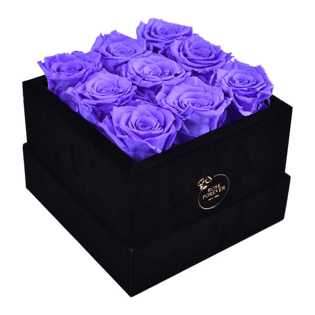 9 Lavender Roses - Black Square Velvet Box - Rose Forever