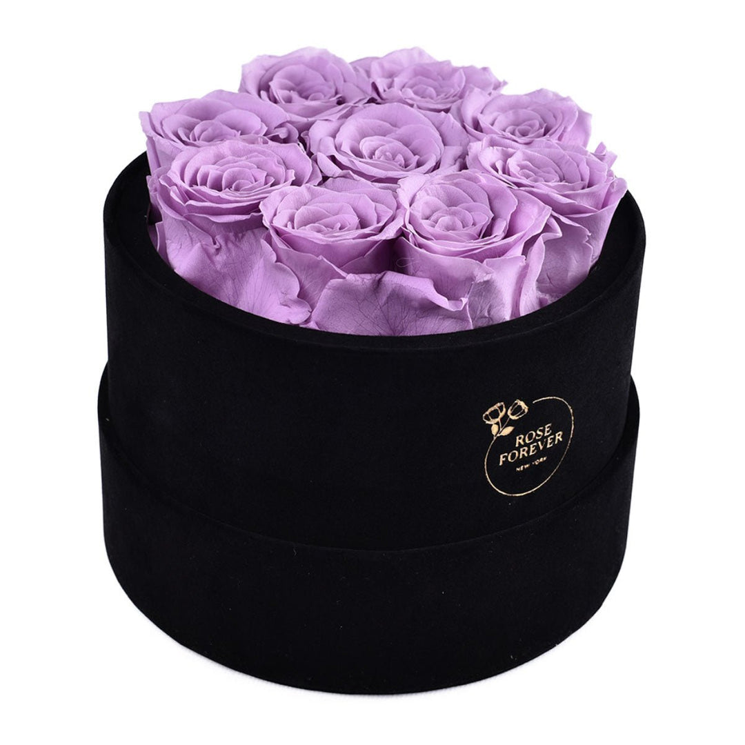 9 Lilac Roses - Black Round Velvet Box - Rose Forever