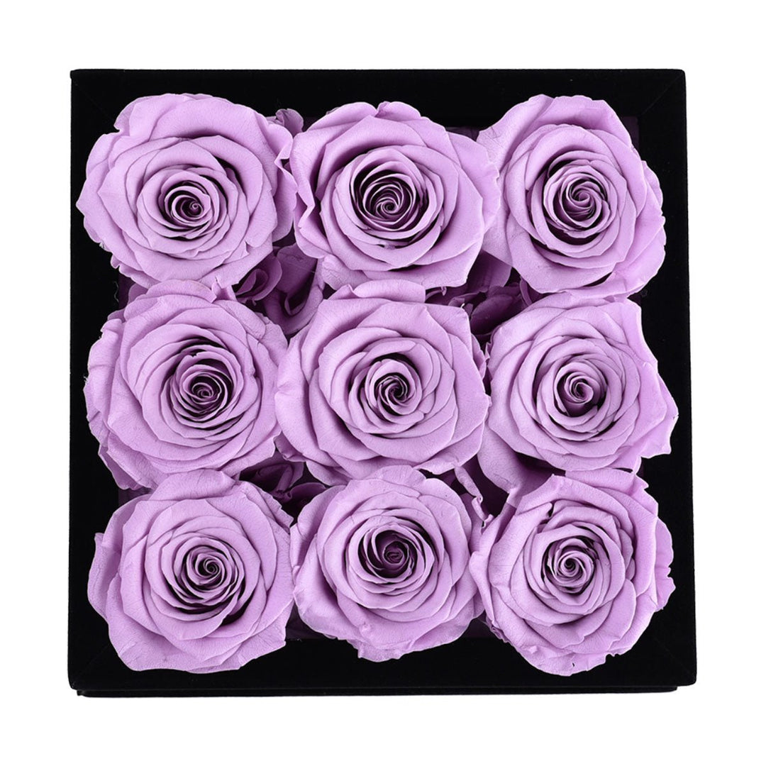 9 Lilac Roses - Black Square Velvet Box - Rose Forever