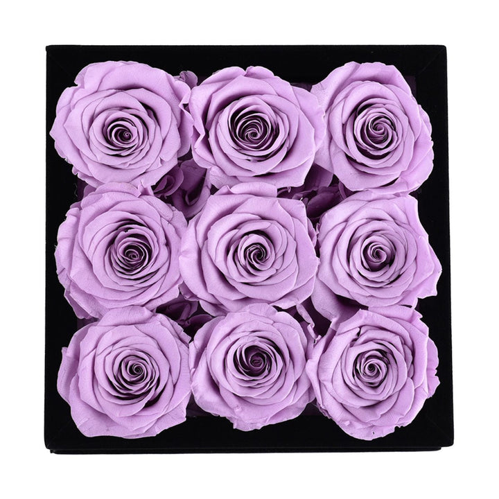 9 Lilac Roses - Black Square Velvet Box - Rose Forever