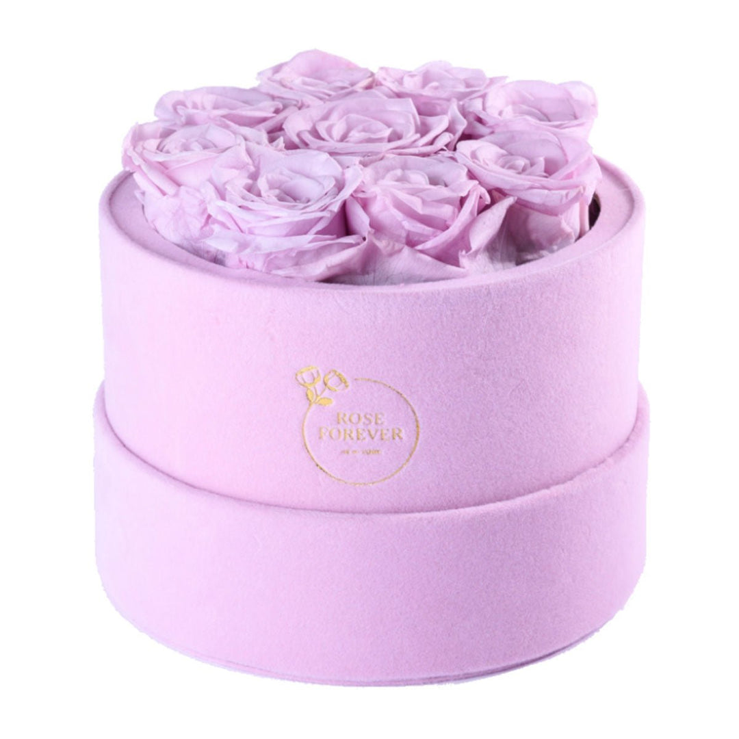 9 Lilac Roses - Pink Round Suede Box - Rose Forever