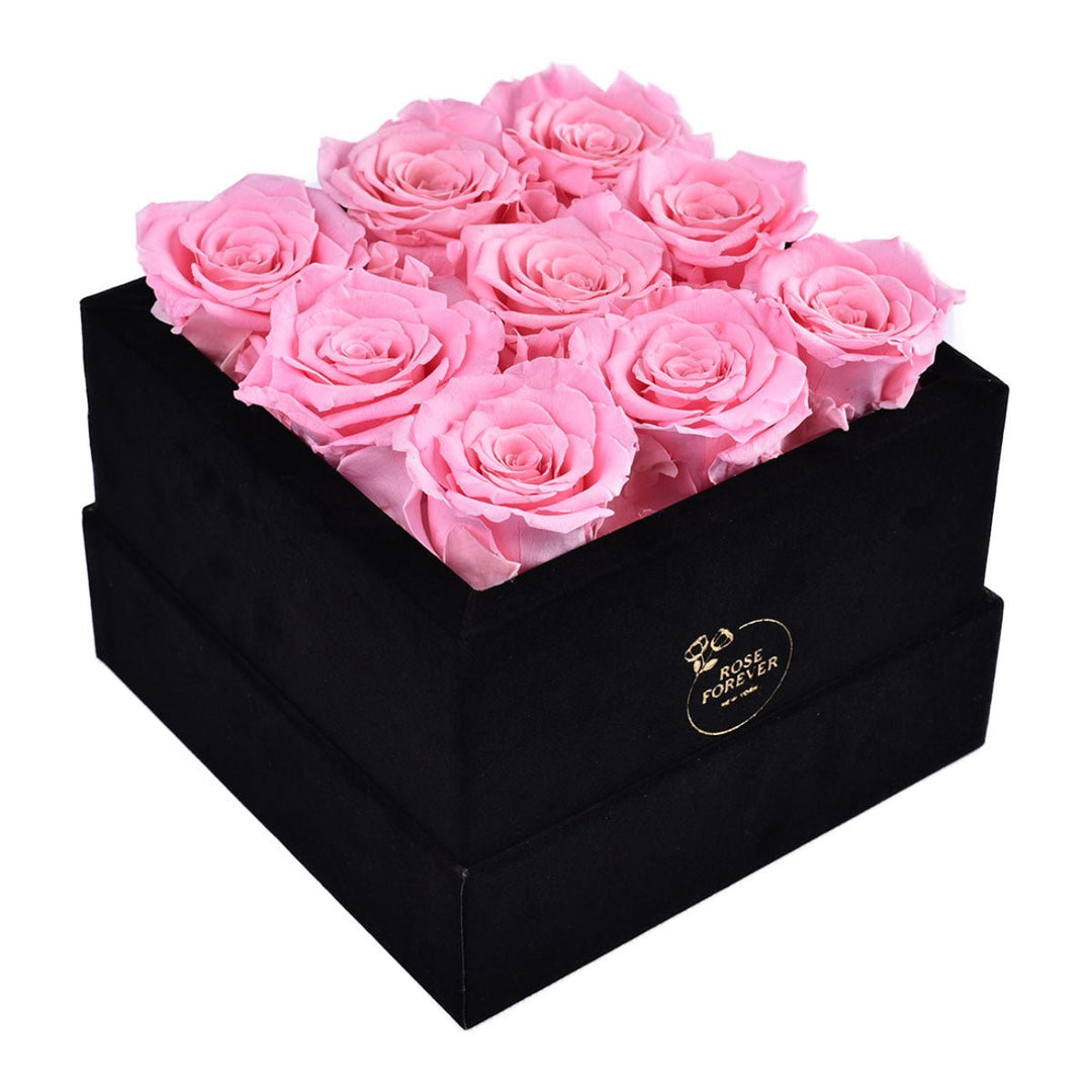 9 Pink Roses - Black Square Velvet Box - Rose Forever
