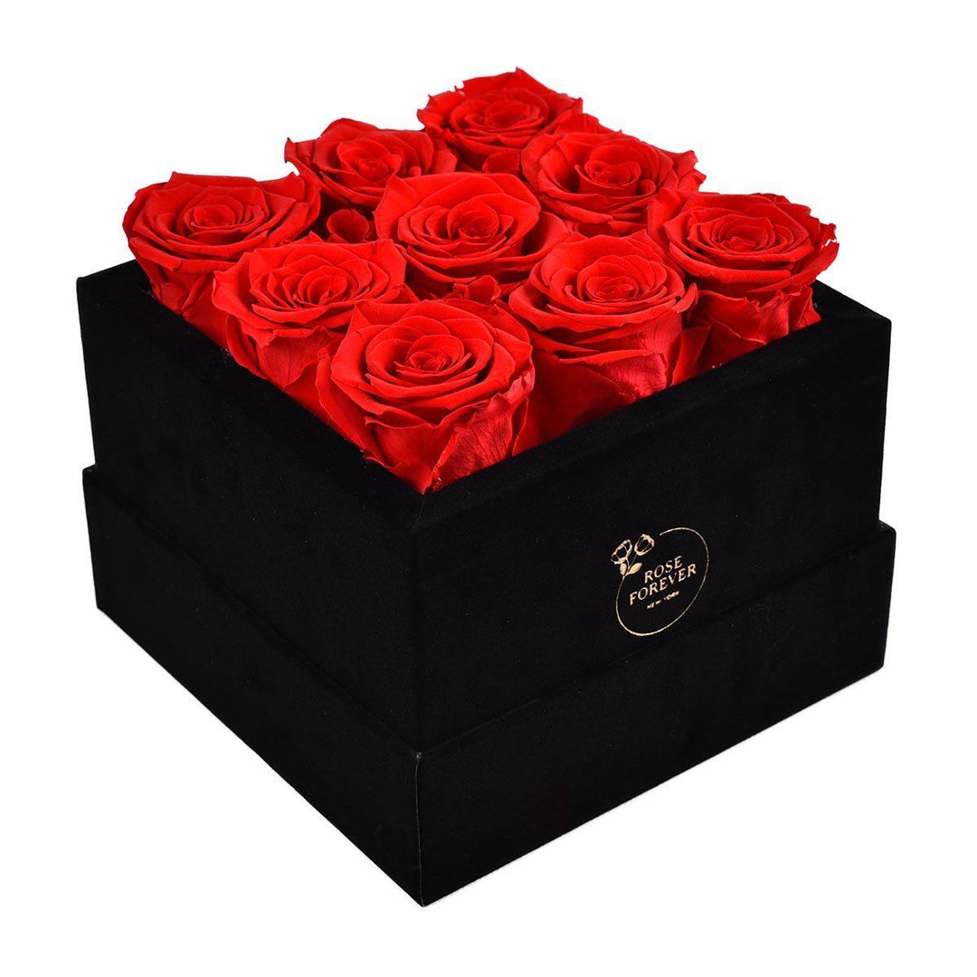 9 Red Roses - Square Black Velvet Box - Rose Forever