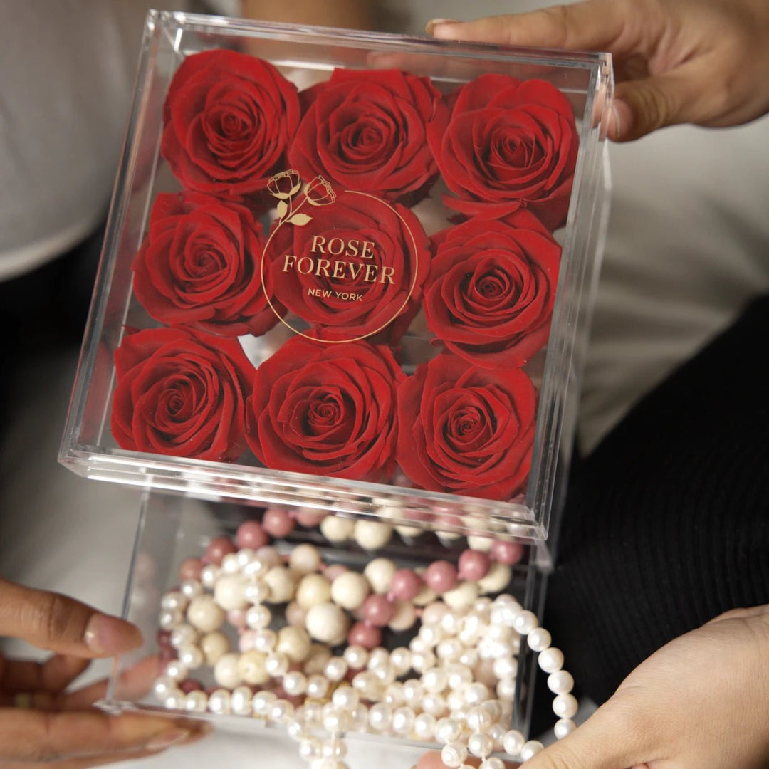 9 Red Roses - Square Crystal Box - Rose Forever