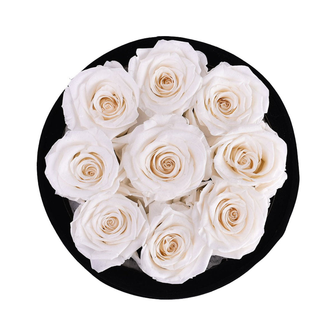 9 White Roses - Black Round Velvet Box - Rose Forever