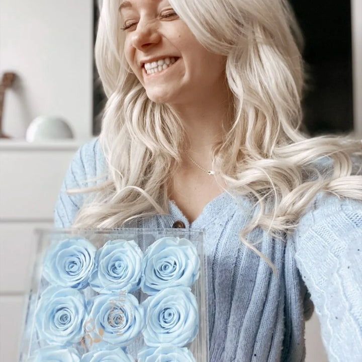 9 Baby Blue Roses - Square Crystal Box