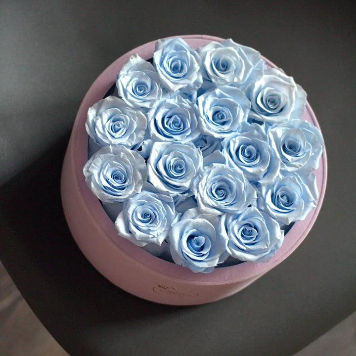 16 Baby Blue Roses - Pink Round Suede Box