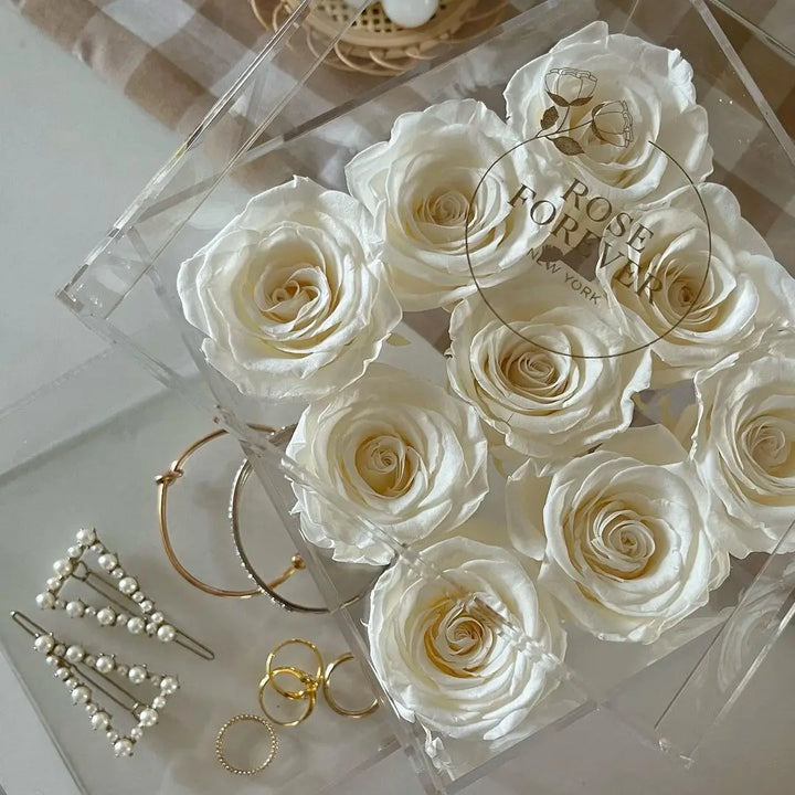 9 roses ivoire - boîte carrée en cristal