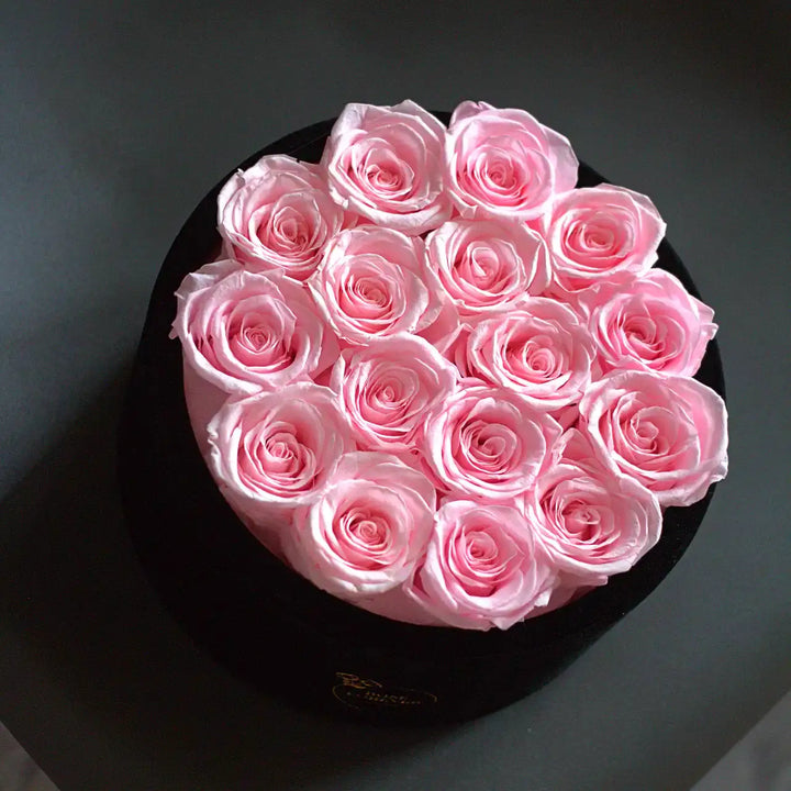 16 roses roses - Boîte ronde en velours noir