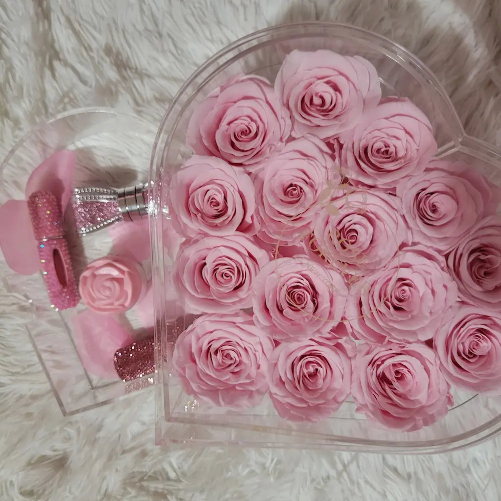 15 Pearl Pink Roses - Crystal Heart Box