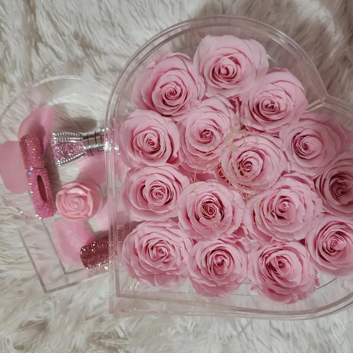 15 Pearl Pink Roses - Crystal Heart Box