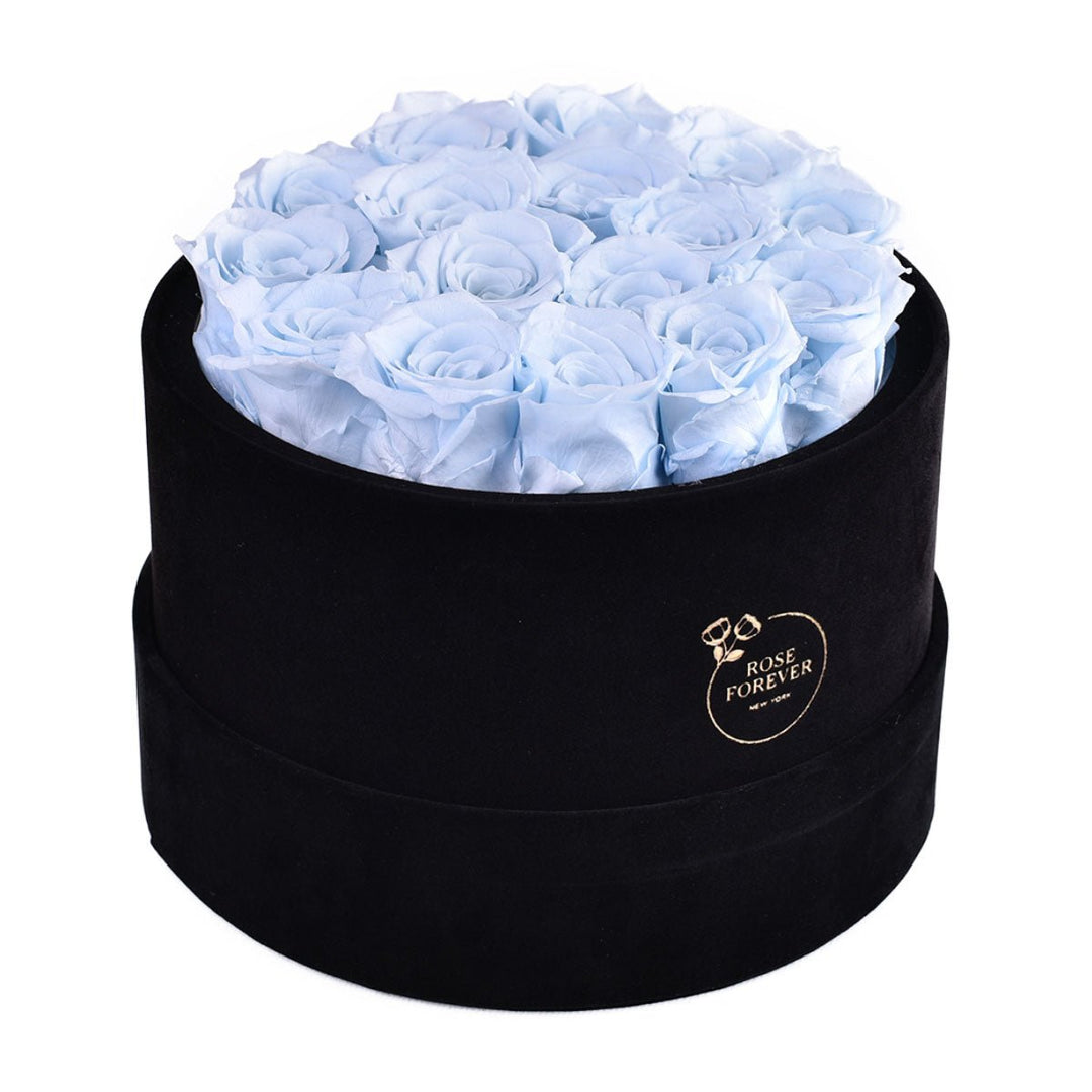 16 Baby Blue Roses - Black Round Velvet Box - Rose Forever
